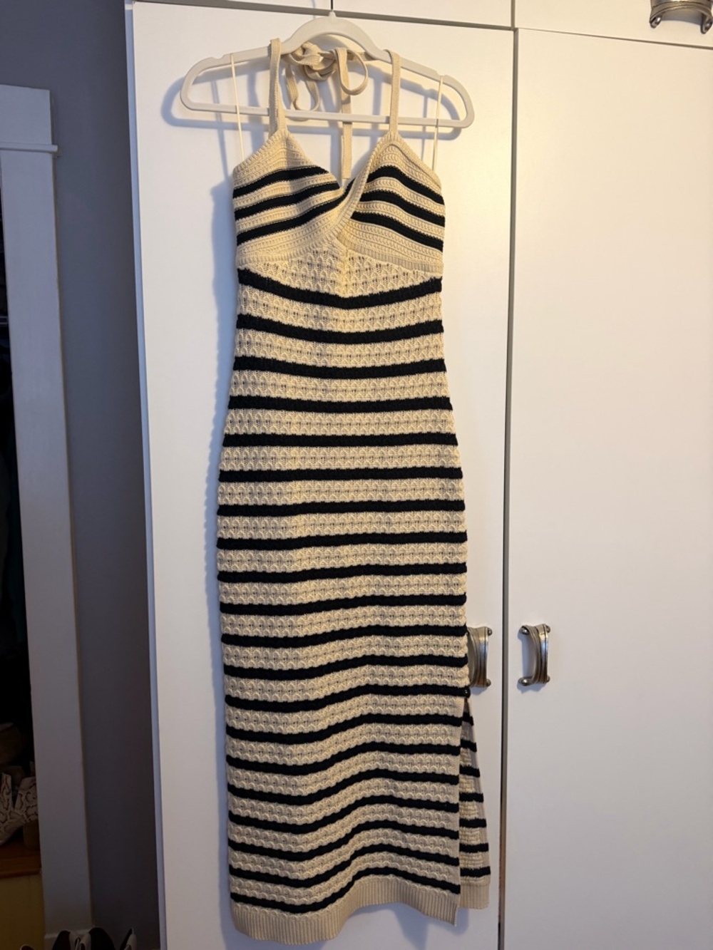 House of Harlow 1960 Cream and Black Striped Crochet Halter Maxi Dress